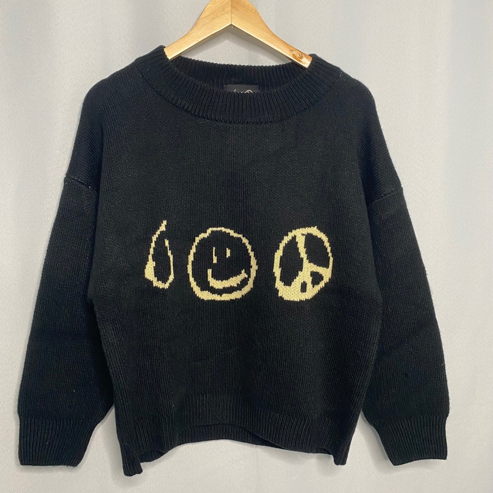 Omnicide Seasonal Depression Mens Large Black Graphic Knit Sweater Peace Smiley